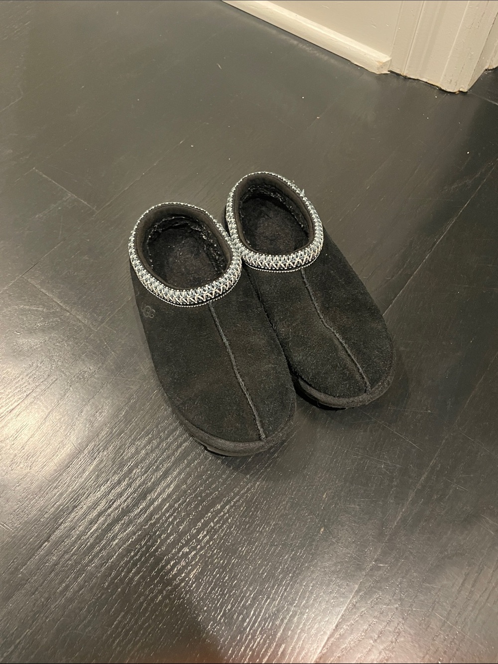 UGG Kids Black Suede Slip-On Slippers with Silver Trim